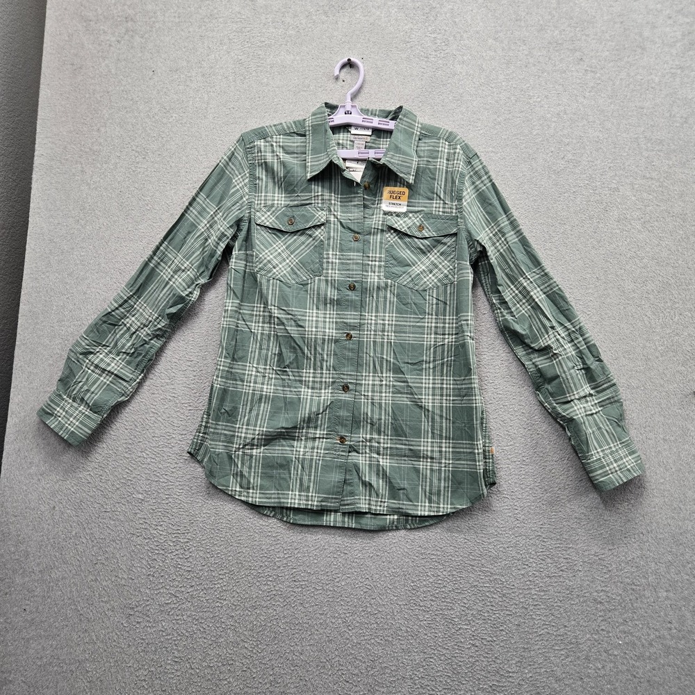 Carhartt Women Button Up Shirt L Green Plaid Rugged Flex Work Stretch Collar NWT